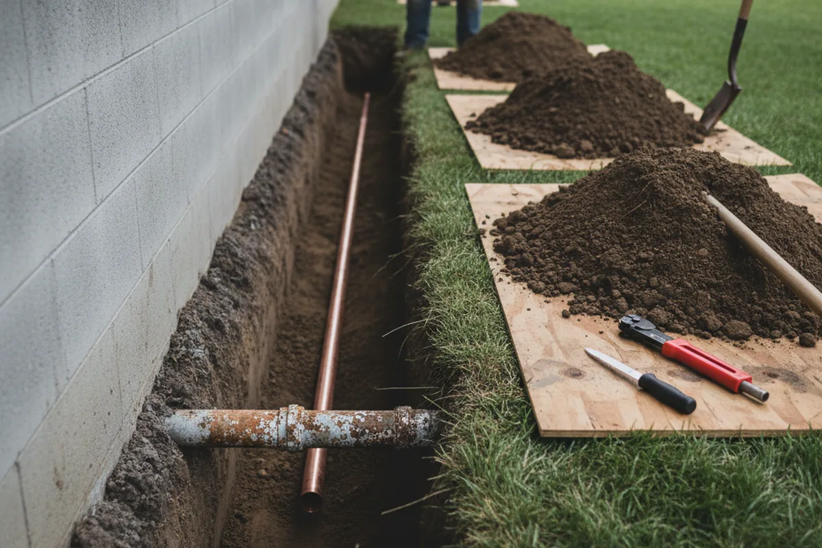 Excavated water line trench during Sewer Line Repair in Shawnee